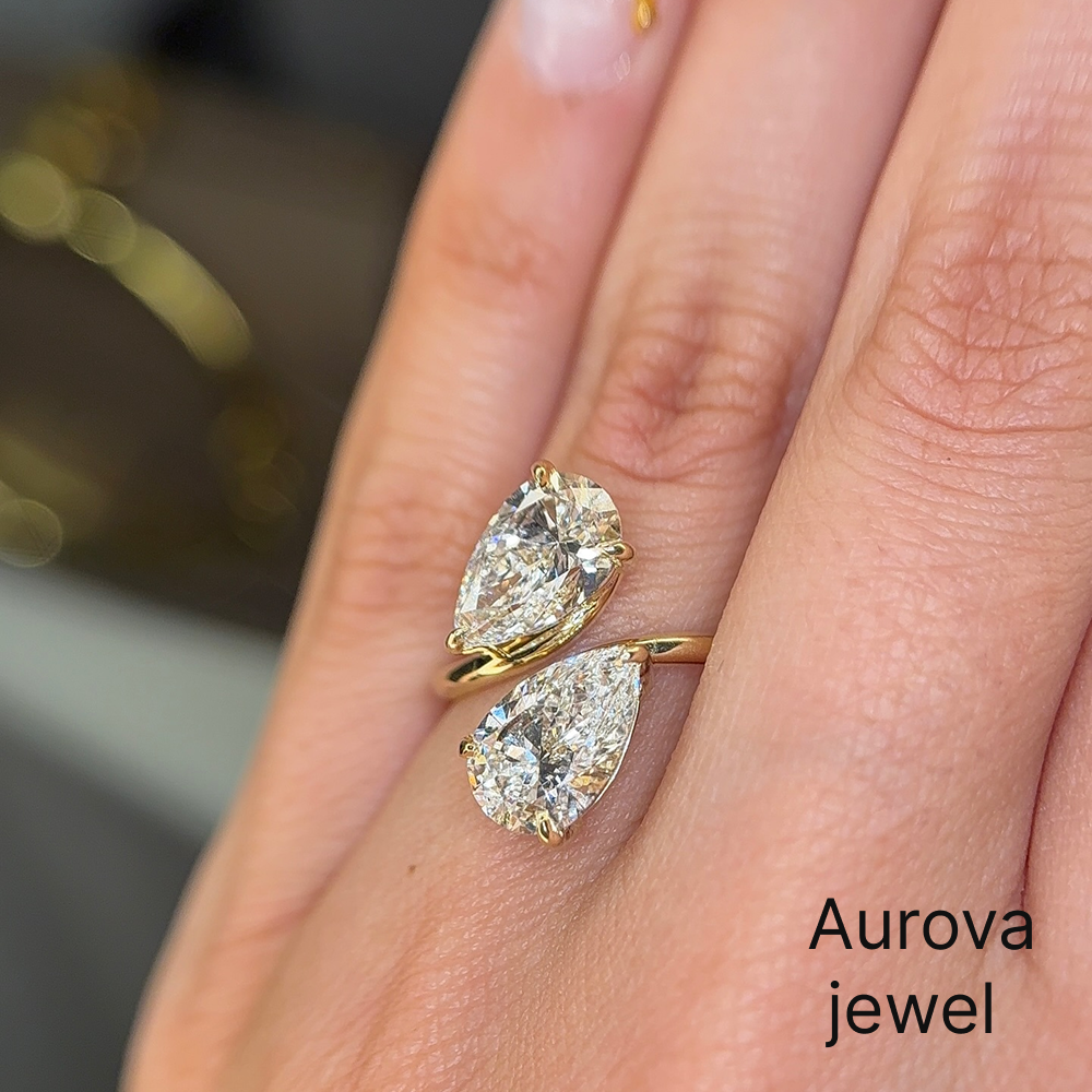 Pear Shaped Diamond Bypass Ring | Two Stone Gold Ring | Aurova Jewel