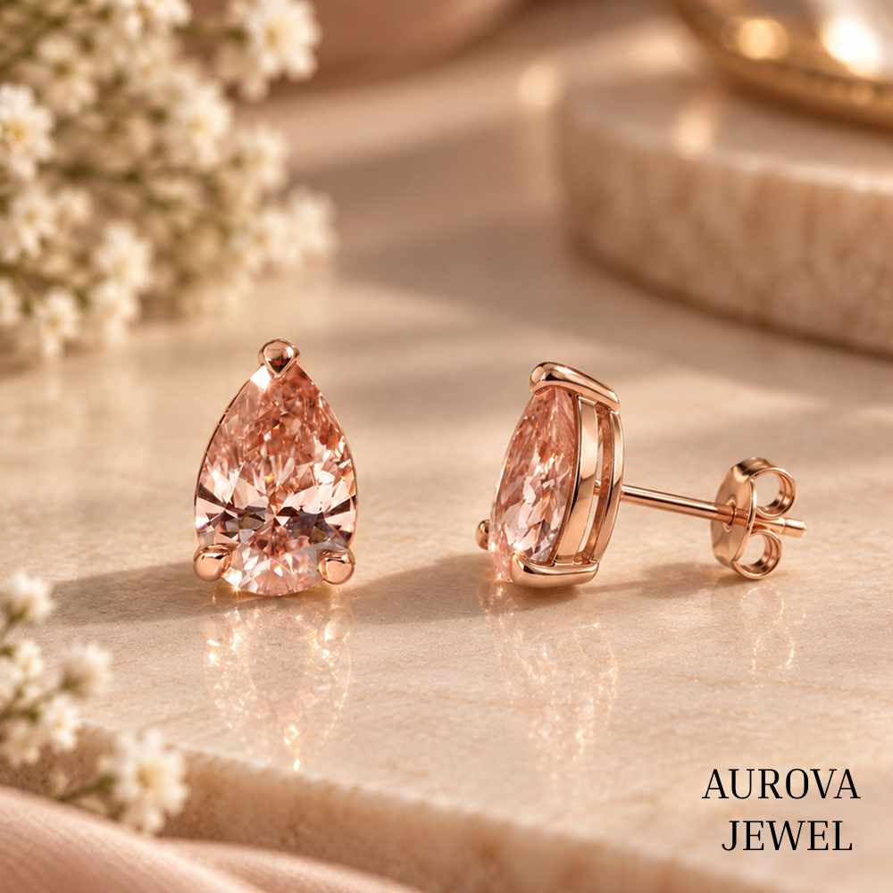 Pear Cut Pink Diamond Stud Earrings, Rose Gold Minimalist Bridal Jewelry, Anniversary Gift for Her