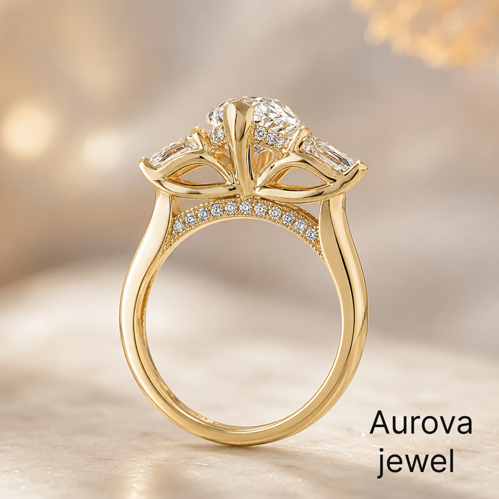 Marquise Cut 3-Stone Diamond Ring with Pear Side Stones | Aurova Jewel