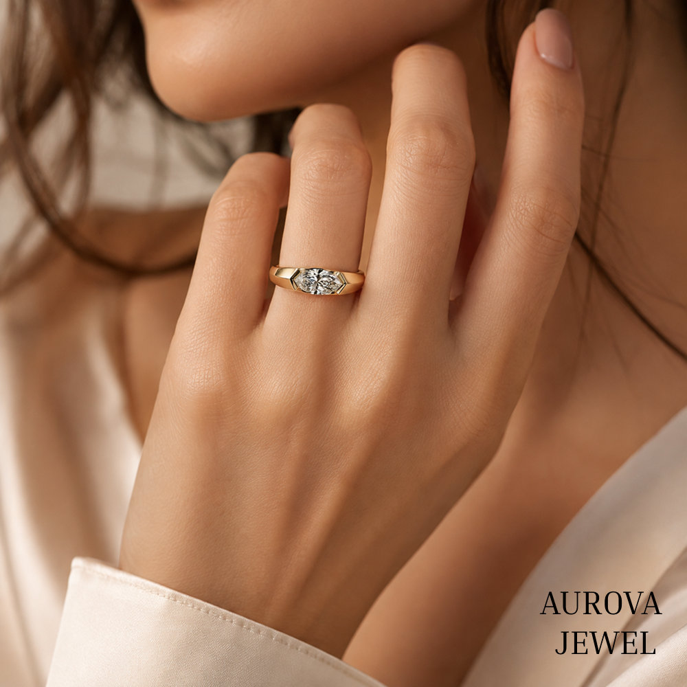 East West Marquise Diamond Ring, 14K Solid Gold Bezel Solitaire, Minimalist Engagement Jewelry, Anniversary Gift for Her