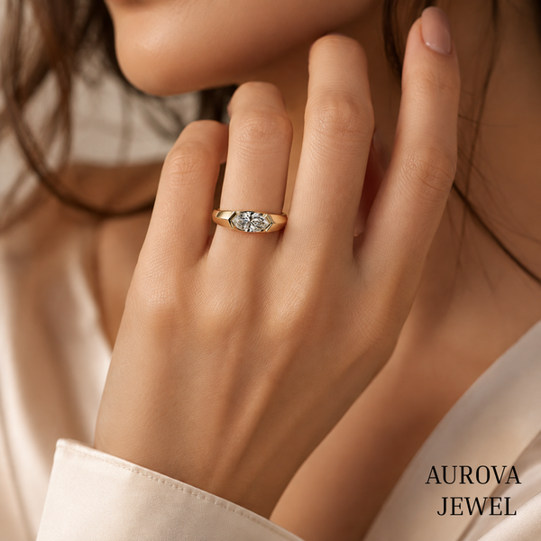 East West Marquise Diamond Ring, 14K Solid Gold Bezel Solitaire, Minimalist Engagement Jewelry, Anniversary Gift for Her