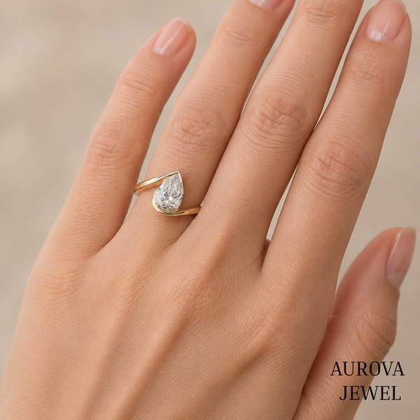 Pear Diamond Engagement Ring, 14K Solid Gold Bezel Solitaire, Modern Bypass Bridal Jewelry, Unique Anniversary Gift for Her
