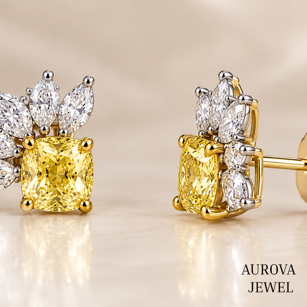 Yellow Cushion Diamond Stud Earrings, Marquise Cluster Floral Studs, 14K Gold Bridal Jewelry, Anniversary Gift for Her