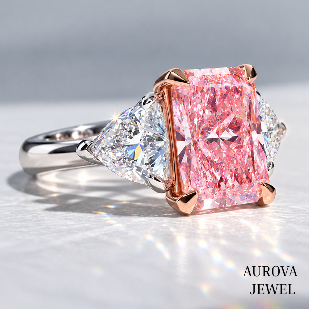 Pink Radiant Cut Engagement Ring, Three Stone Diamond Ring, Pear Side Stones, Unique Bridal Gift for Her