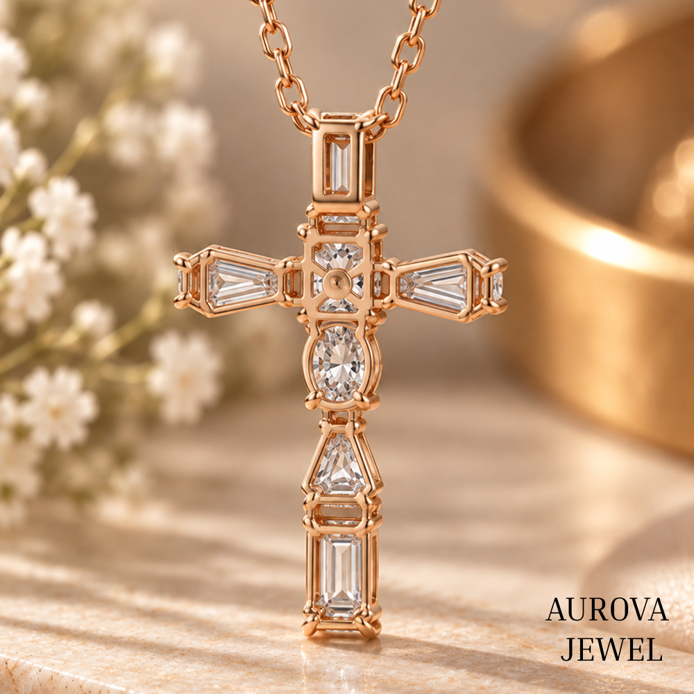 Cross Pendant Necklace, Mixed Cut White Gemstone Cross, Rose Gold Necklace, Christian Jewelry, Religious Gift for Her