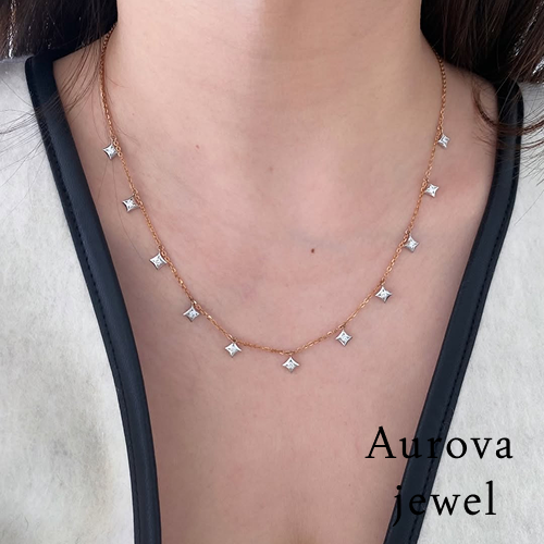 Floating Diamond Station Necklace | Princess Cut Diamond Necklace | 14K Gold Minimalist Necklace