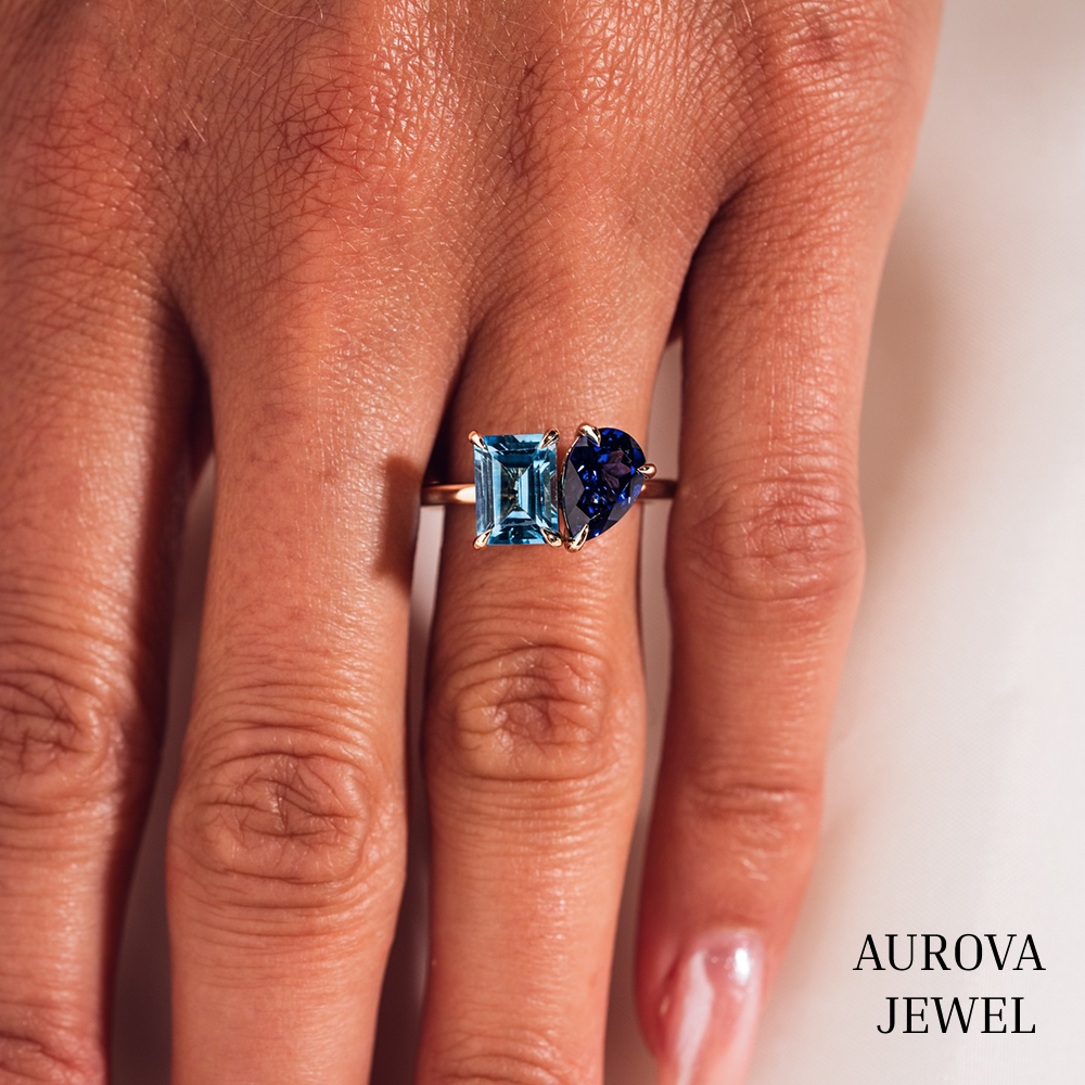 Toi et Moi Blue Sapphire & Aquamarine Ring in Gold – Pear and Emerald Cut Gemstone Statement Ring | Aurova Jewel Secondary image