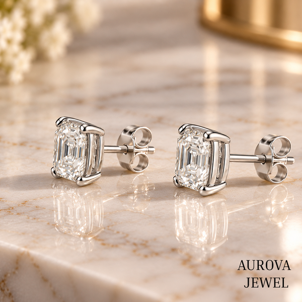 Asscher Cut Diamond Stud Earrings, 14K White Gold Solitaire Studs, Minimalist Bridal Jewelry, Gift for Her