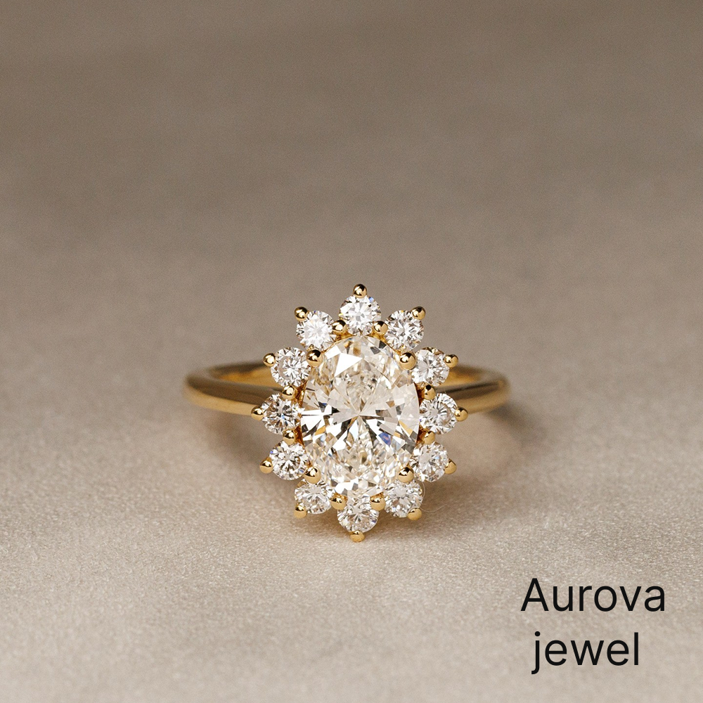 Oval Cut Halo Diamond Ring with Pavé Diamond Halo | Aurova Jewel