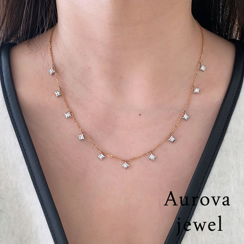 Floating Diamond Station Necklace | Princess Cut Diamond Necklace | 14K Gold Minimalist Necklace