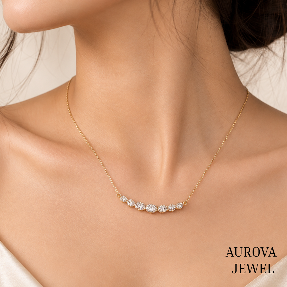 Oval Diamond Necklace, 14K Solid Gold Seven Stone Pendant, Graduated Bridal Jewelry, Minimalist Anniversary Gift for Her