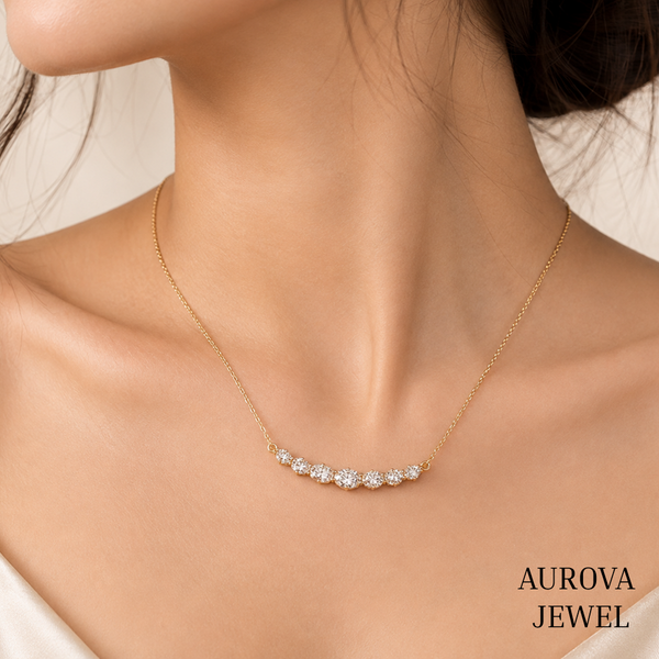 Oval Diamond Necklace, 14K Solid Gold Seven Stone Pendant, Graduated Bridal Jewelry, Minimalist Anniversary Gift for Her