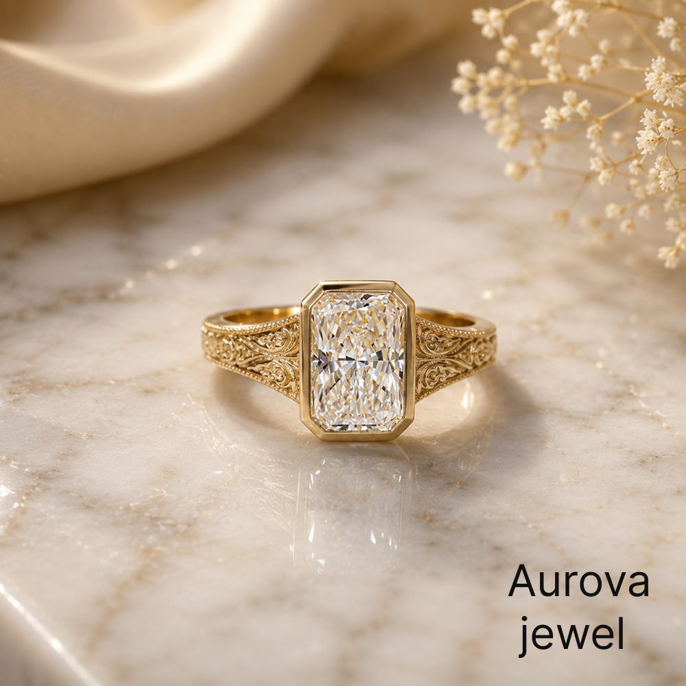 Cushion Cut Diamond Vintage Ring | Engraved Gold Ring | Aurova Jewel Main image