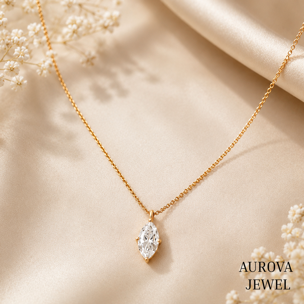 Marquise Diamond Necklace, 14K Solid Gold Solitaire Pendant, Minimalist Bridal Jewelry, Dainty Anniversary Gift for Her