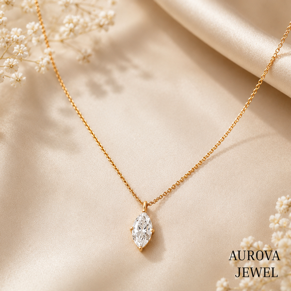 Marquise Diamond Necklace, 14K Solid Gold Solitaire Pendant, Minimalist Bridal Jewelry, Dainty Anniversary Gift for Her