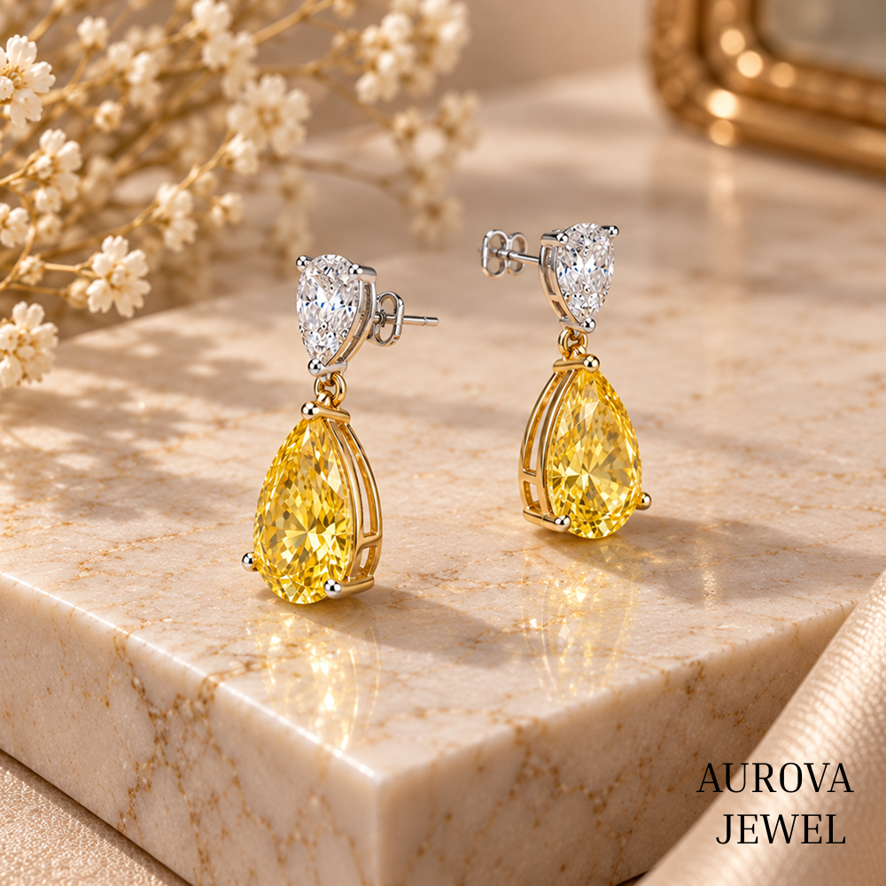 Yellow Pear Cut Drop Earrings, 14K Gold Dangle Earrings, Two Stone Bridal Jewelry, Elegant Wedding Gift for Her