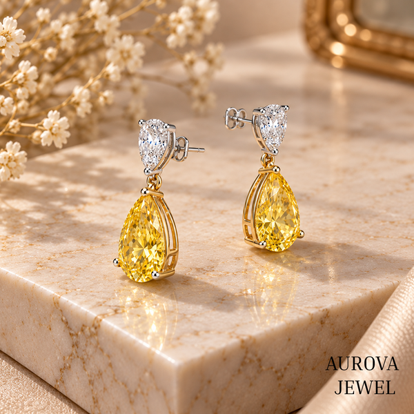 Yellow Pear Cut Drop Earrings, 14K Gold Dangle Earrings, Two Stone Bridal Jewelry, Elegant Wedding Gift for Her