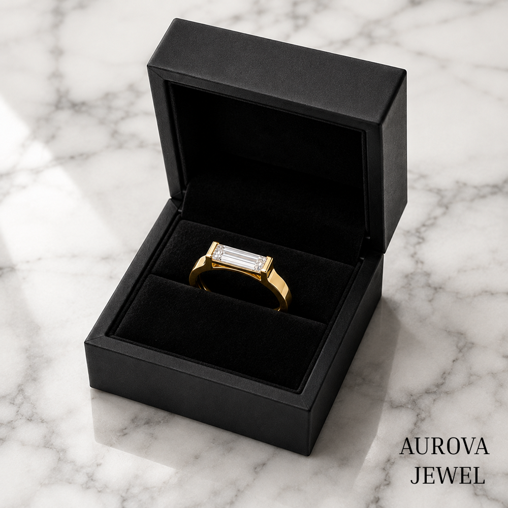 Baguette Cut Diamond Ring in Yellow Gold | Minimalist East-West Bezel Engagement Ring