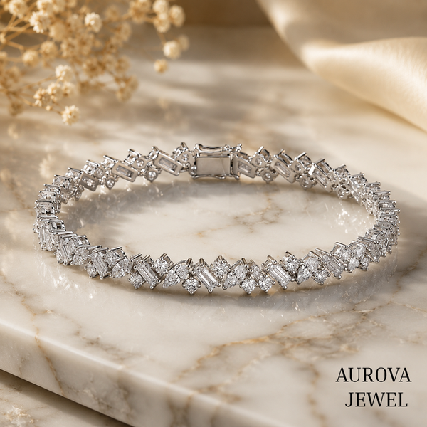 Mixed Cut Diamond Tennis Bracelet, 14K Solid Gold, Marquise Baguette & Round Stones, Bridal Jewelry, Anniversary Gift for Her