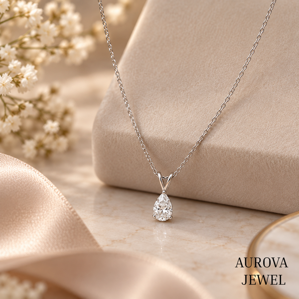 Pear Cut Solitaire Necklace, Dainty Silver Teardrop Pendant, White Gemstone Necklace, Minimalist Bridal Jewelry Gift for Her