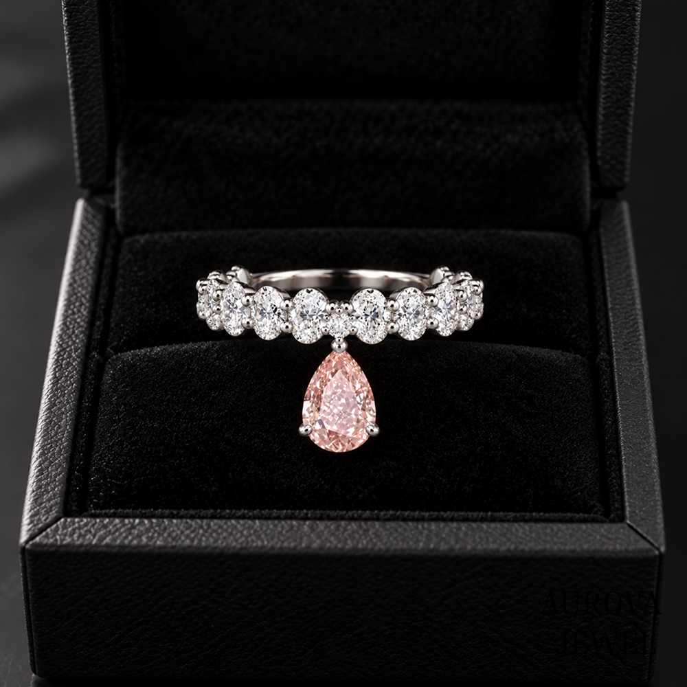 Pink Pear Diamond Ring, 14K Solid Gold Dangle Ring, Oval & Round Stones, Unique Bridal Jewelry, Anniversary Gift for Her