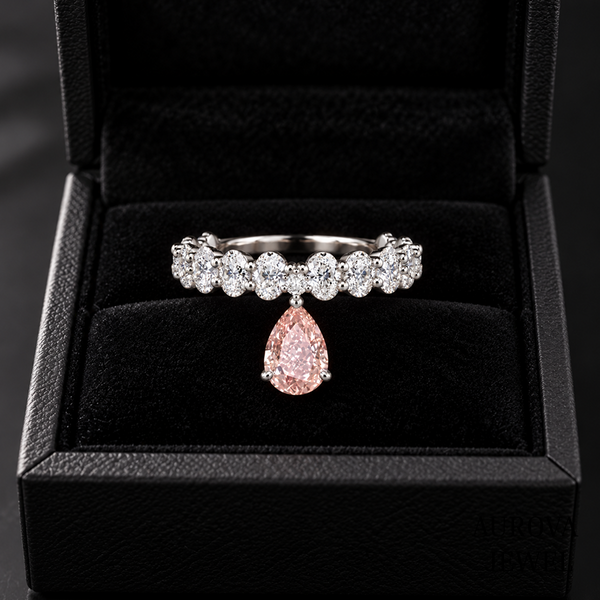 Pink Pear Diamond Ring, 14K Solid Gold Dangle Ring, Oval & Round Stones, Unique Bridal Jewelry, Anniversary Gift for Her