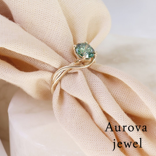 Luxury Round Cut Green Diamond Solitaire Engagement Ring in 14K Yellow Gold – Elegant Twisted Band Promise Ring for Women