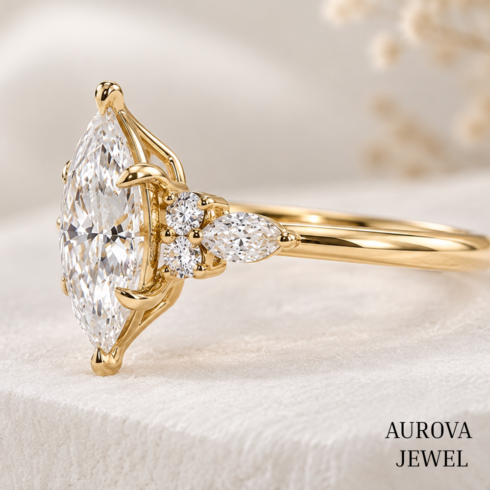 Marquise Diamond Engagement Ring, 14K Solid Gold Cluster Setting, Pear Side Stones, Unique Bridal Jewelry, Anniversary Gift for Her