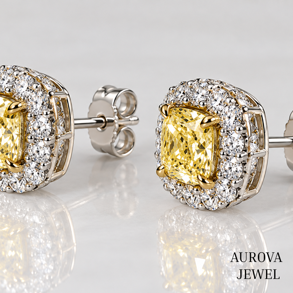 Yellow Cushion Diamond Stud Earrings, Halo Setting, 14K Solid Gold Bridal Jewelry, Luxury Anniversary Gift for Her, Wedding Earrings