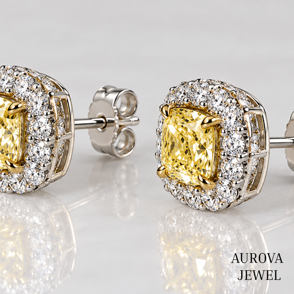 Yellow Cushion Diamond Stud Earrings, Halo Setting, 14K Solid Gold Bridal Jewelry, Luxury Anniversary Gift for Her, Wedding Earrings