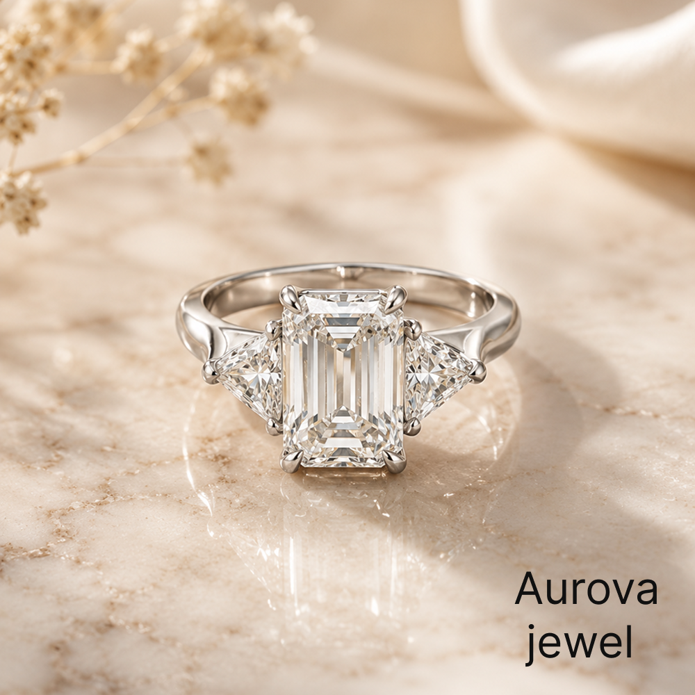Emerald Cut Three Stone Diamond Ring with Trapezoid Side Stones | Aurova Jewel Secondary image