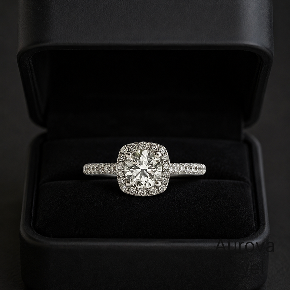 Round Cut Halo Diamond Engagement Ring with Pavé Band | Cushion Halo Bridal Ring Secondary image