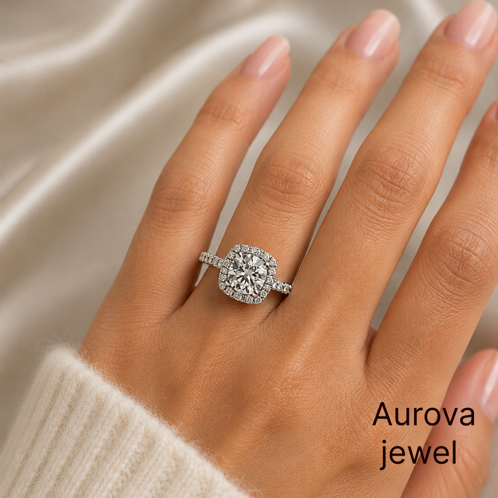 Round Cut Halo Diamond Engagement Ring with Pavé Band | Cushion Halo Bridal Ring Main image
