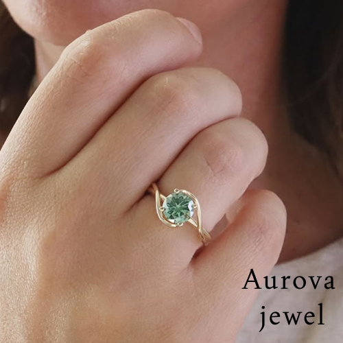 Luxury Round Cut Green Diamond Solitaire Engagement Ring in 14K Yellow Gold – Elegant Twisted Band Promise Ring for Women