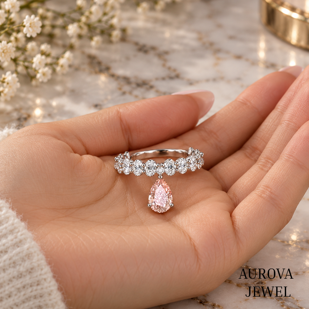 Pink Pear Diamond Ring, 14K Solid Gold Dangle Ring, Oval & Round Stones, Unique Bridal Jewelry, Anniversary Gift for Her
