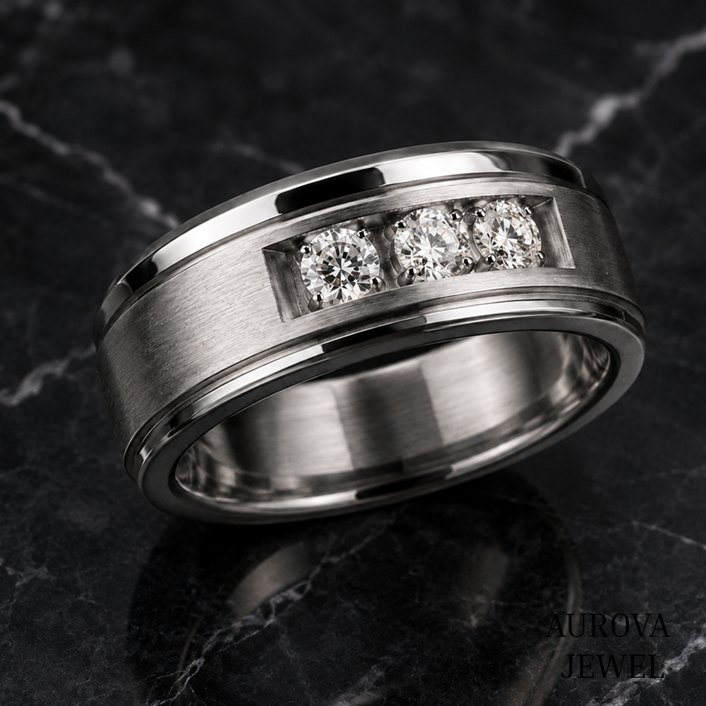 Men's 3 Stone Diamond Ring, Round Cut Diamond Wedding Band, Solid Gold Men's Engagement Ring, Anniversary Gift for Husband