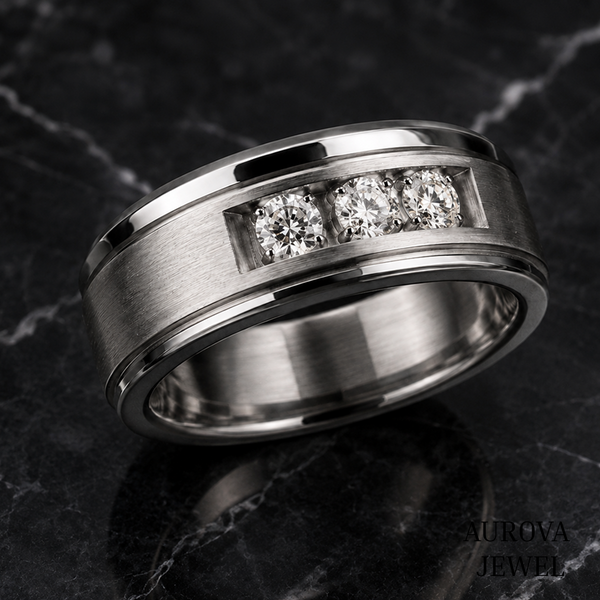 Men's 3 Stone Diamond Ring, Round Cut Diamond Wedding Band, Solid Gold Men's Engagement Ring, Anniversary Gift for Husband