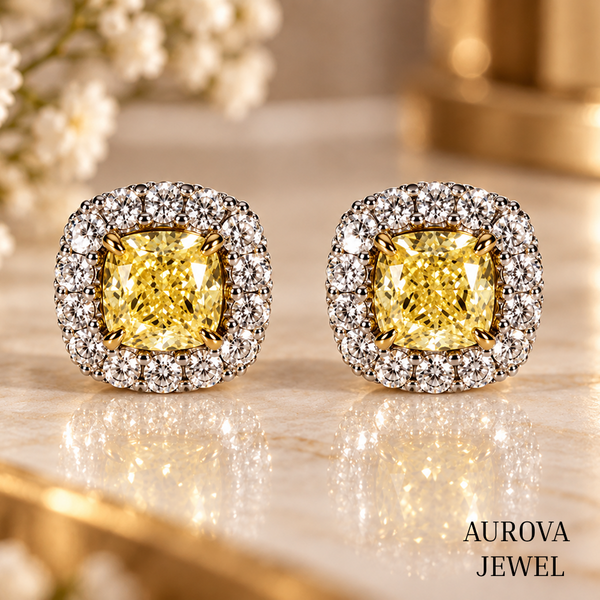 Yellow Cushion Diamond Stud Earrings, Halo Setting, 14K Solid Gold Bridal Jewelry, Luxury Anniversary Gift for Her, Wedding Earrings