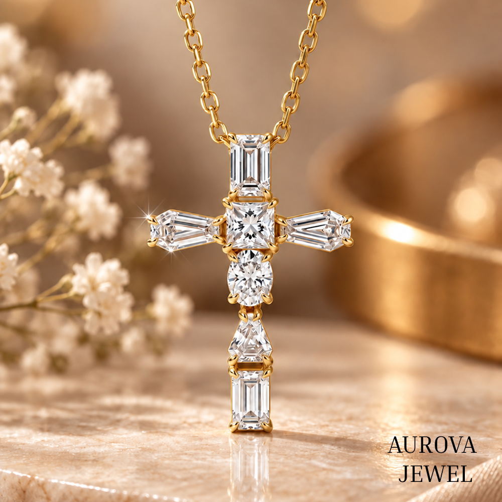 Cross Pendant Necklace, Mixed Cut White Gemstone Cross, Rose Gold Necklace, Christian Jewelry, Religious Gift for Her