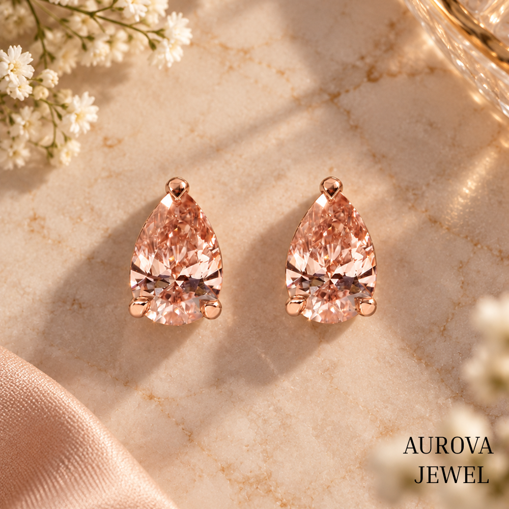 Pear Cut Pink Diamond Stud Earrings, Rose Gold Minimalist Bridal Jewelry, Anniversary Gift for Her