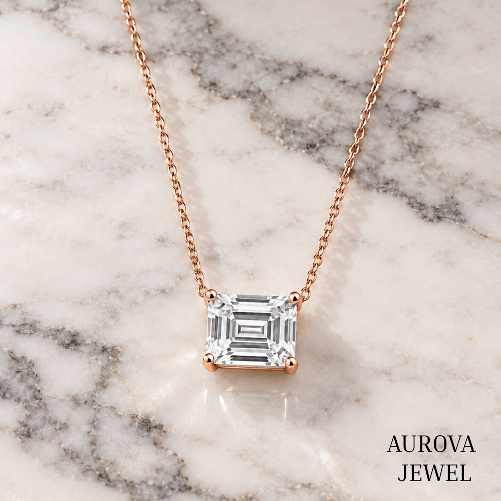 Asscher Cut Solitaire Necklace, Silver Square Pendant, Dainty White Gemstone Necklace, Minimalist Bridal Jewelry Gift for Her