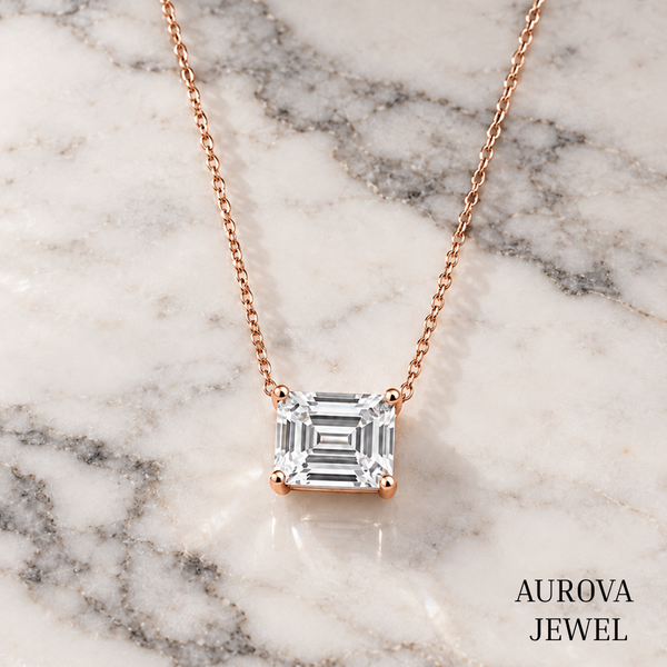 Asscher Cut Solitaire Necklace, Silver Square Pendant, Dainty White Gemstone Necklace, Minimalist Bridal Jewelry Gift for Her