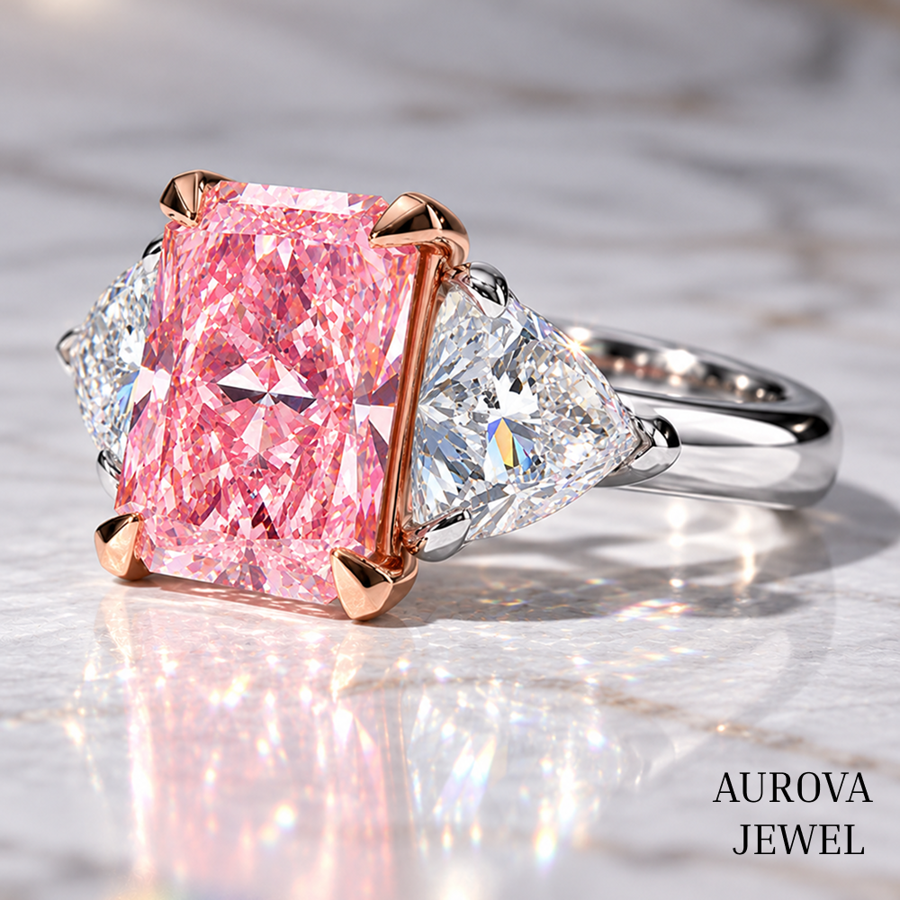 Pink Radiant Cut Engagement Ring, Three Stone Diamond Ring, Pear Side Stones, Unique Bridal Gift for Her