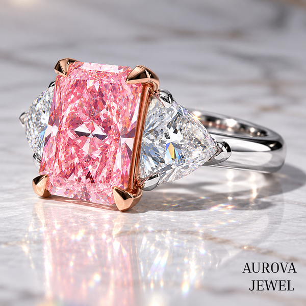 Pink Radiant Cut Engagement Ring, Three Stone Diamond Ring, Pear Side Stones, Unique Bridal Gift for Her