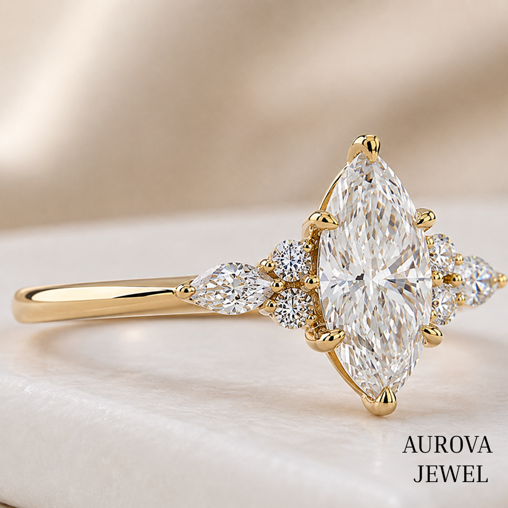 Marquise Diamond Engagement Ring, 14K Solid Gold Cluster Setting, Pear Side Stones, Unique Bridal Jewelry, Anniversary Gift for Her