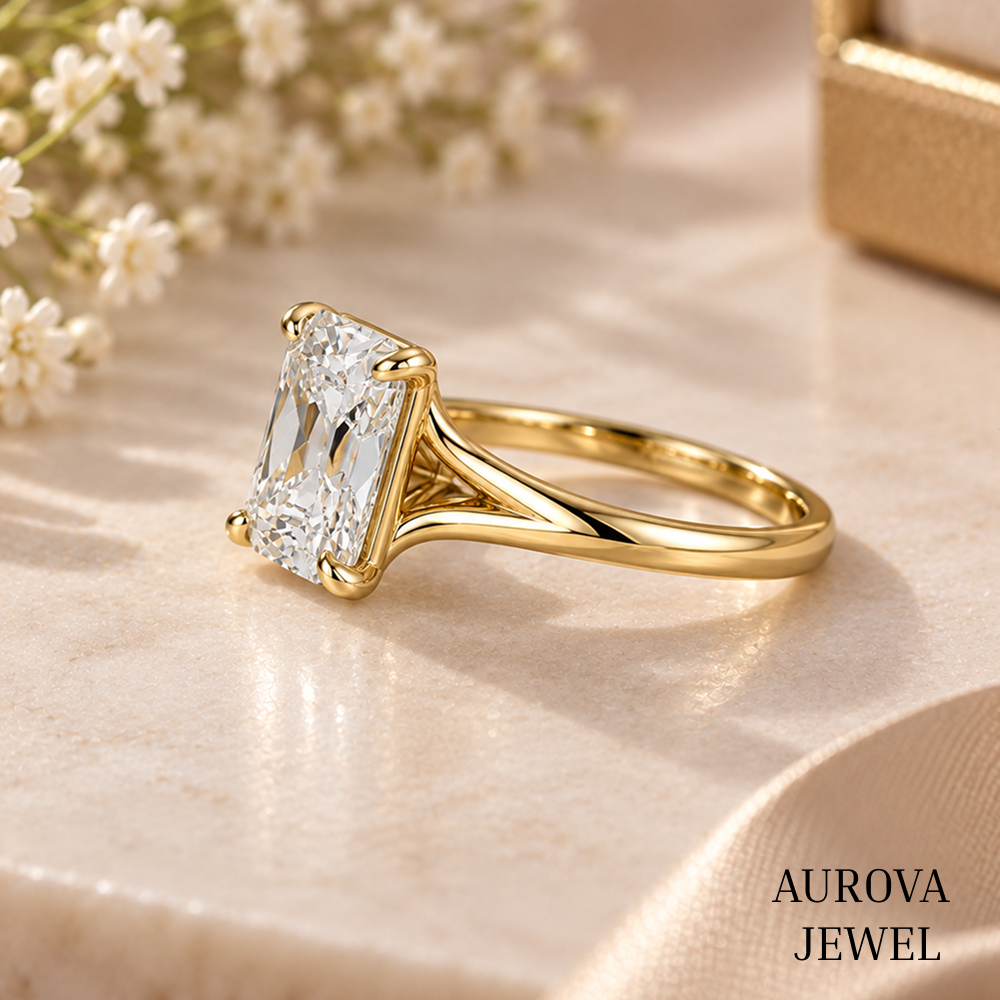 Radiant Cut Solitaire Engagement Ring, 14K Yellow Gold Split Shank Ring, Minimalist Bridal Jewelry, Anniversary Gift for Her