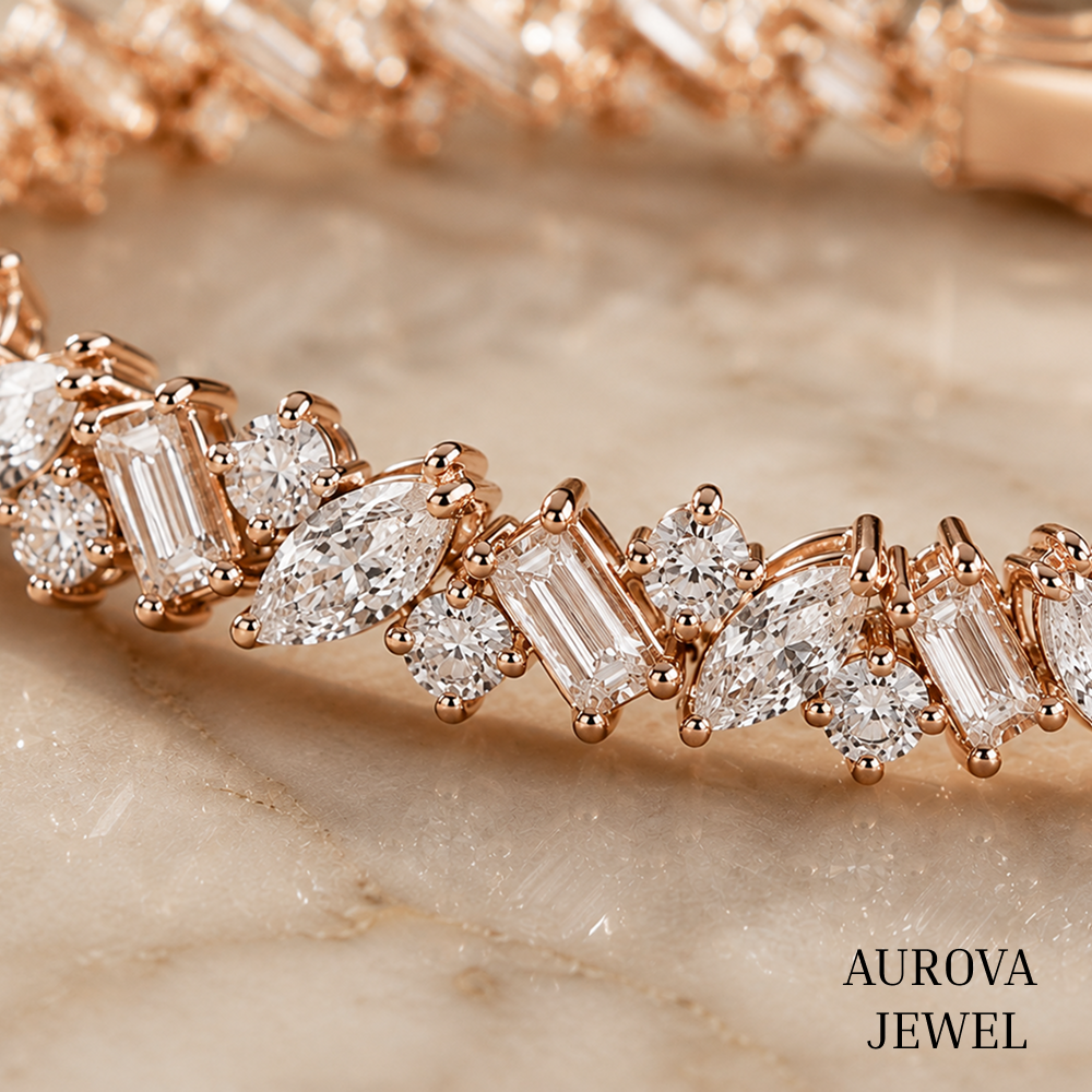Mixed Cut Diamond Tennis Bracelet, 14K Solid Gold, Marquise Baguette & Round Stones, Bridal Jewelry, Anniversary Gift for Her