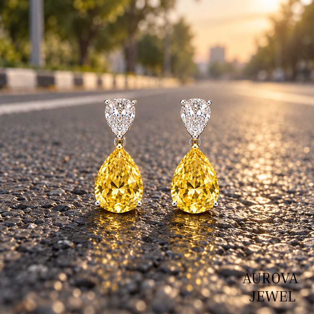 Yellow Pear Cut Drop Earrings, 14K Gold Dangle Earrings, Two Stone Bridal Jewelry, Elegant Wedding Gift for Her