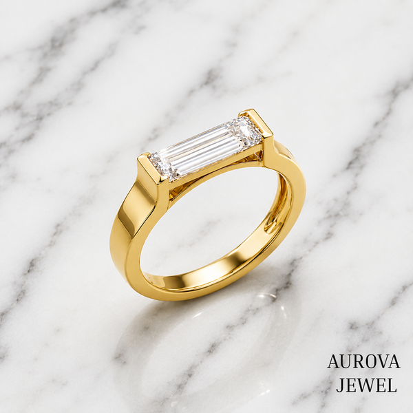 Baguette Cut Diamond Ring in Yellow Gold | Minimalist East-West Bezel Engagement Ring