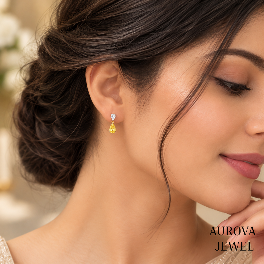 Yellow Pear Cut Drop Earrings, 14K Gold Dangle Earrings, Two Stone Bridal Jewelry, Elegant Wedding Gift for Her Secondary image